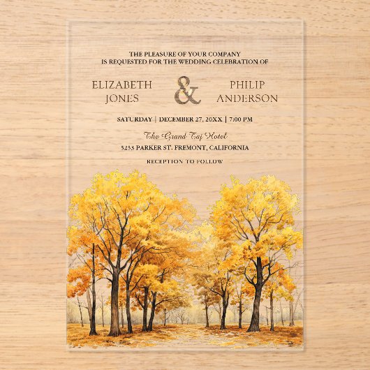 Invitations En Acrylique Autumn Fall Oak Trees Forest Wedding (Recto)
