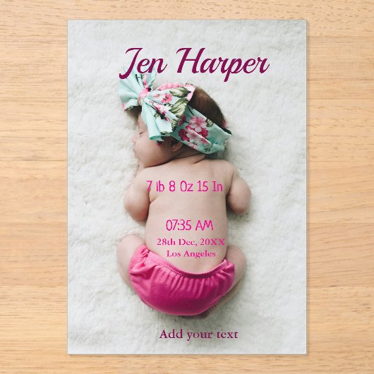 Invitations En Acrylique Baby birth stats add name place date keepsake memo (Recto)