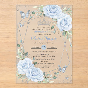 Invitations En Acrylique Baby Blue Floral Papillons Argent Quinceanera