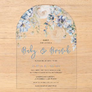 Invitations En Acrylique Baby Brunch Shower Dusty Blue et Blanc Floral