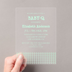 Invitations En Acrylique Baby-Q vert menthe à carreaux Baby Shower
