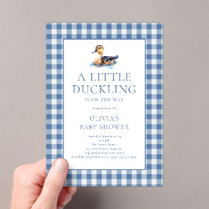 Invitations En Acrylique Baby Shower à carreaux bleus Canard