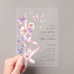 Invitations En Acrylique Baby shower à papillon en fleurs et en creux
