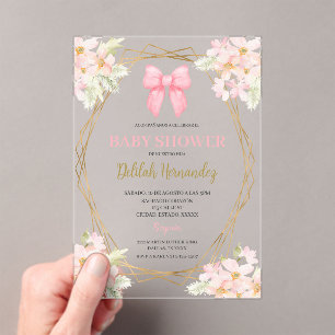 Invitations En Acrylique Baby shower argenté rose-rose