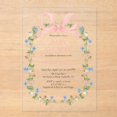 Invitations En Acrylique Baby Shower au Ruban Rose Fleur des Champs (Recto)