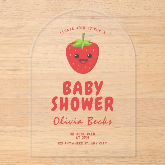 Invitations En Acrylique Baby shower aux fraises Little Cutie (Recto)