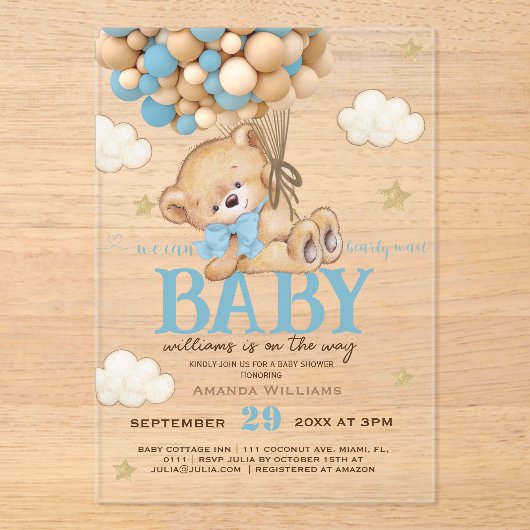 Invitations En Acrylique Baby shower Ballons Bleus Ours Teddy (Recto)