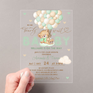 Invitations En Acrylique Baby shower Bear Green Balloons