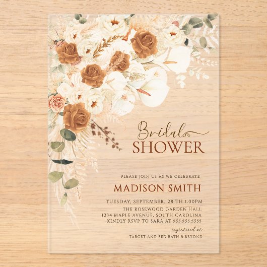 Invitations En Acrylique Baby Shower Bohème Moderne avec Code QR Floral (Recto)