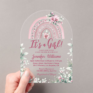 Invitations En Acrylique baby shower bohème rose fille arc-en-ciel floral
