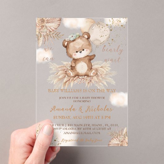 Invitations En Acrylique Baby shower Boho Bear Balloons (In situ (ordinateur de poche))
