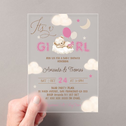 Invitations En Acrylique Baby shower Boho Ours Rose (In situ (ordinateur de poche))