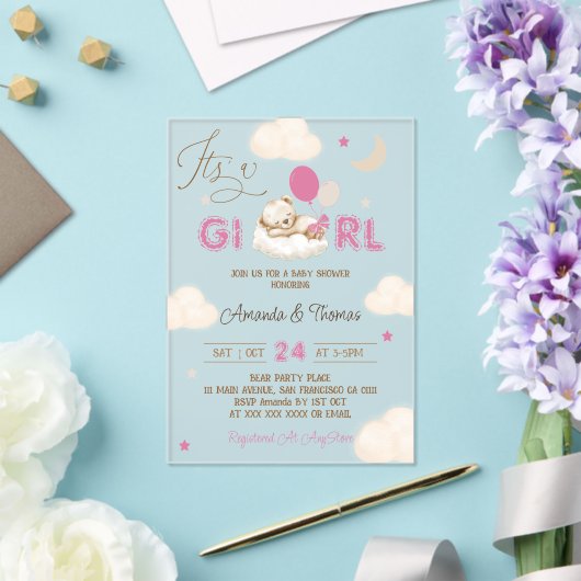 Invitations En Acrylique Baby shower Boho Ours Rose (Insitu (Mariage))