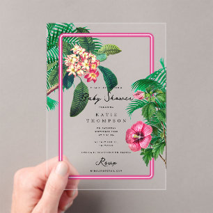 Invitations En Acrylique Baby shower botanique tropicale rose Neon