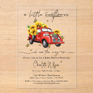 Invitations En Acrylique Baby Shower Camion Rouge Vintage avec Tournesols