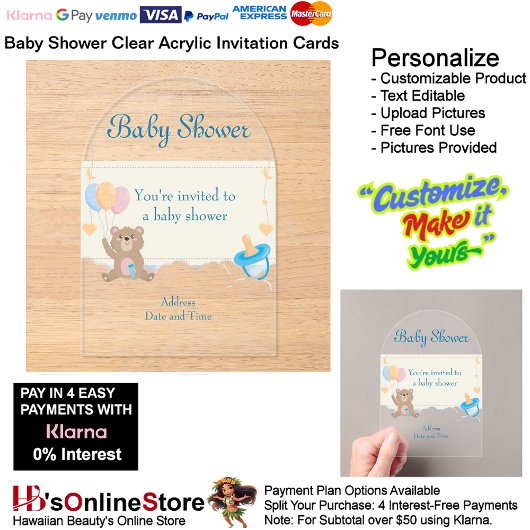 Invitations En Acrylique Baby shower Carte d'invitation en acrylique claire