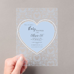 Invitations En Acrylique Baby Shower Cœur Fantaisiste Fleur Bleu