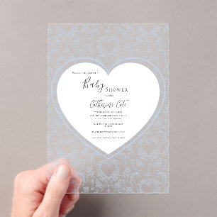 Invitations En Acrylique Baby Shower Cœur Fantaisiste Fleurs Bleues 