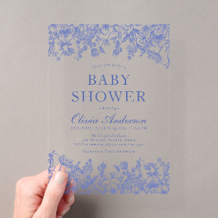 Invitations En Acrylique Baby-Shower dans le style Chinoiserie Floral Bleu