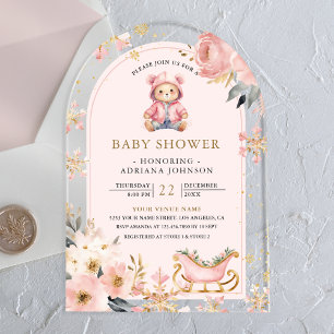 Invitations En Acrylique Baby shower d'arche d'ours en peluche d'hiver rose