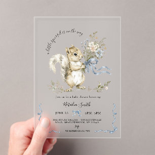 Invitations En Acrylique Baby Shower Écureuil Ruban Bleu Aquarelle 