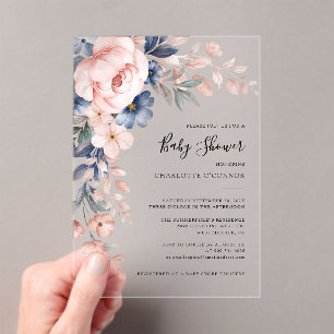 Invitations En Acrylique Baby Shower Fille Élégante Fleur Rose