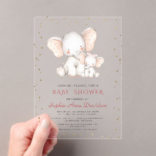 Invitations En Acrylique Baby shower fille Eléphant à l'aquarelle mignonne