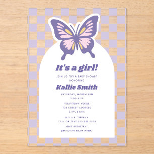 Invitations En Acrylique Baby shower fille en carton papillon Lavender