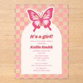 Invitations En Acrylique Baby shower fille en carton rose papillon (Recto)