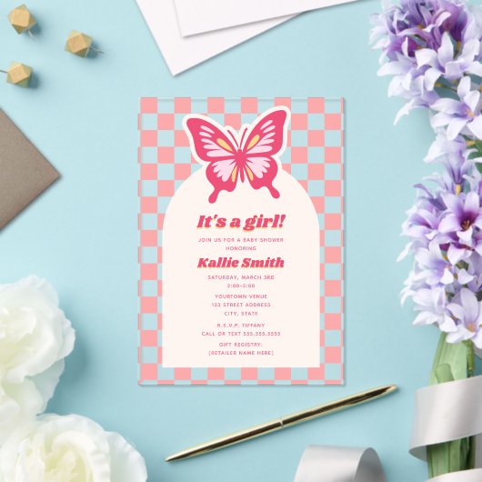 Invitations En Acrylique Baby shower fille en carton rose papillon (Insitu (Mariage))