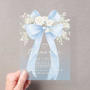 Invitations En Acrylique Baby Shower Fille ou Garçon Ruban Bleu Floral