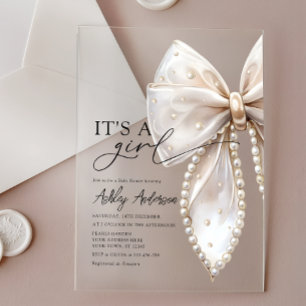 Invitations En Acrylique Baby Shower Fille Ruban Perlé