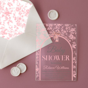 Invitations En Acrylique Baby Shower Fille Ruban Rose Toile de Jouy