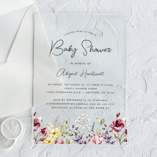 Invitations En Acrylique Baby shower Fleur sauvage aquarelle