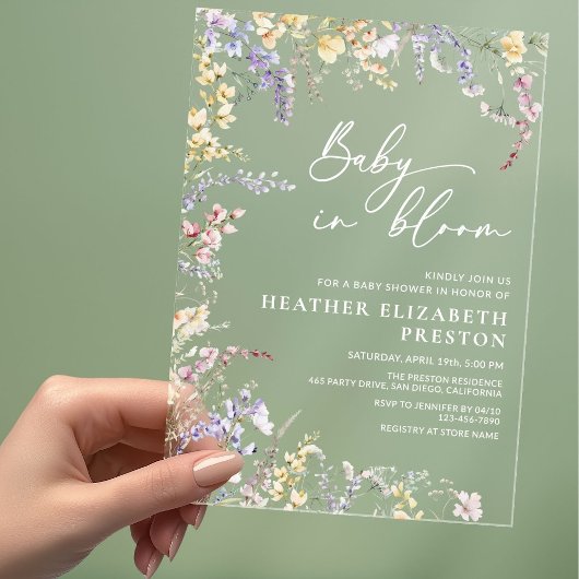 Invitations En Acrylique Baby shower Fleur sauvage Baby In Bloom