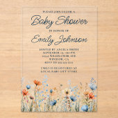 Invitations En Acrylique Baby shower Fleur sauvage Dusty Blue Peach (Recto)
