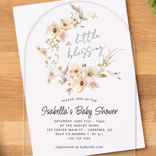 Invitations En Acrylique Baby shower fleur sauvage Little Blessing