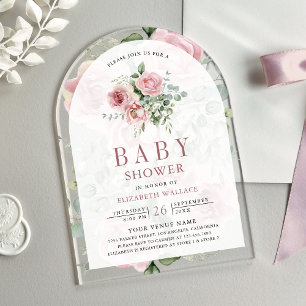 Invitations En Acrylique Baby Shower Fleurs de Eucalyptus Rose Pâle