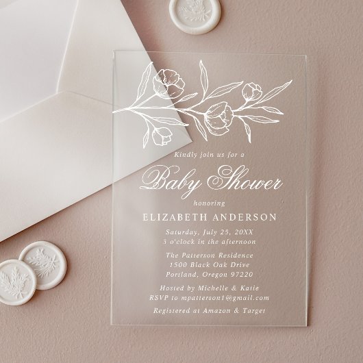 Invitations En Acrylique Baby shower floral blanc esquissé