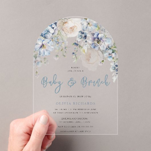 Invitations En Acrylique Baby shower floral bleu et blanc Dusty Brunch (In situ (ordinateur de poche))