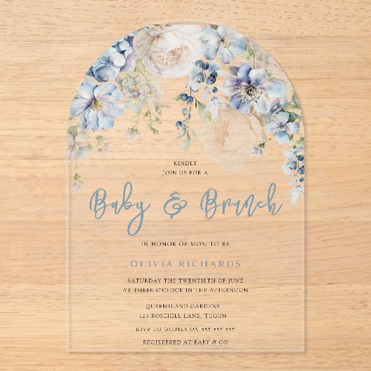Invitations En Acrylique Baby shower floral bleu et blanc Dusty Brunch (Recto)