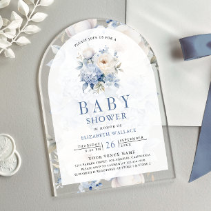 Invitations En Acrylique Baby shower floral bleu et blanc poussiéreux