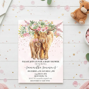Invitations En Acrylique Baby shower floral de vache rose Highland