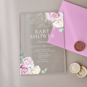Invitations En Acrylique Baby shower floral rose et blanc bébé