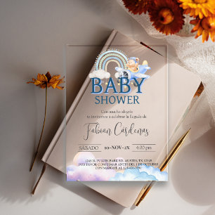 Invitations En Acrylique Baby shower Garçon espagnol Teddy Bear Avion bleu