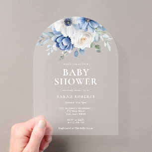 Invitations En Acrylique Baby-Shower hivernal élégant aux fleurs en bleu po