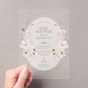 Invitations En Acrylique Baby Shower Jardin Floral Aquarelle Bohème Beige