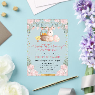 Invitations En Acrylique Baby Shower Lapin Aquarelle et Fleurs Roses