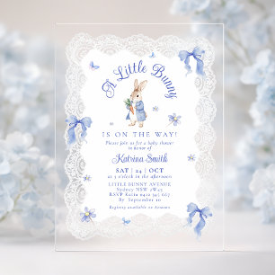 Invitations En Acrylique Baby Shower Lapin Bleu Bunny en Dentelle