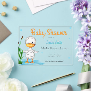 Invitations En Acrylique Baby shower neutre avec un canard blanc mignon